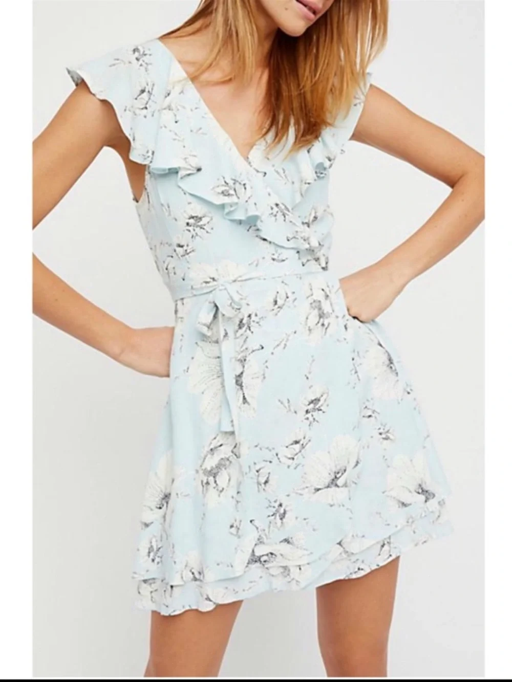 Free People French Quarter Wrap Dress XS Blue Floral Ruffle Boho Mini - Picture 2 of 11
